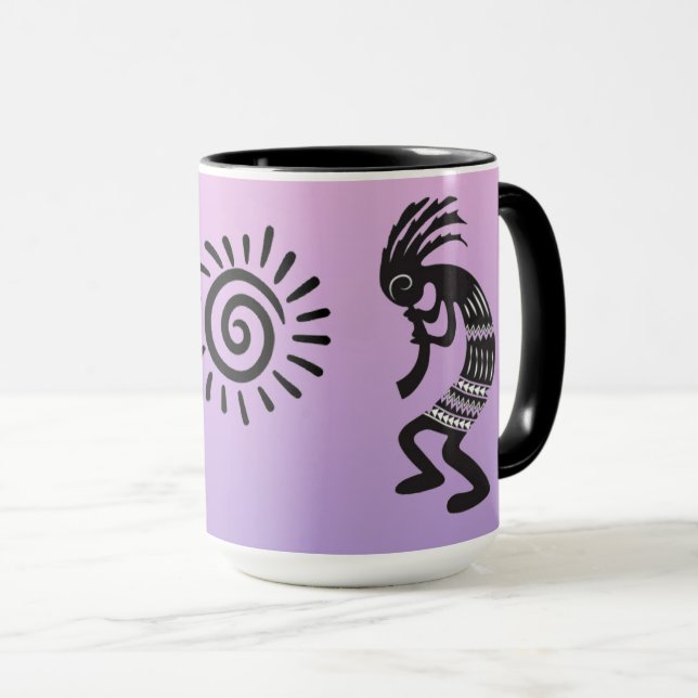 Kokopelli With Native American Sun Symbol Mug (Front Right)