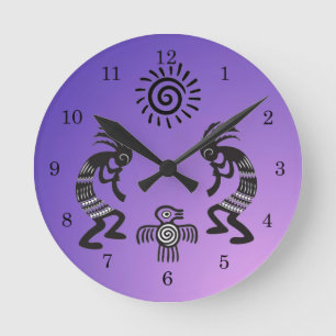 Kokopelli With Native Sun and Native Bird Symbol Round Clock