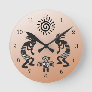 Kokopelli With Native Sun and Native Bird Symbol Round Clock