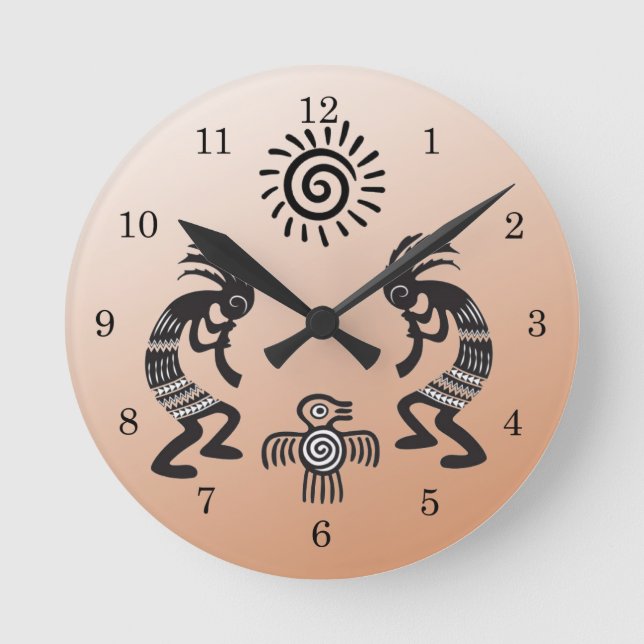 Kokopelli With Native Sun and Native Bird Symbol Round Clock (Front)