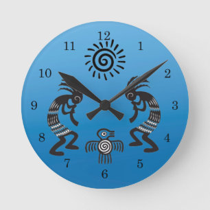 Kokopelli With Native Sun and Native Bird Symbol Round Clock