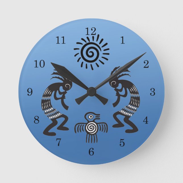 Kokopelli With Native Sun and Native Bird Symbol Round Clock (Front)