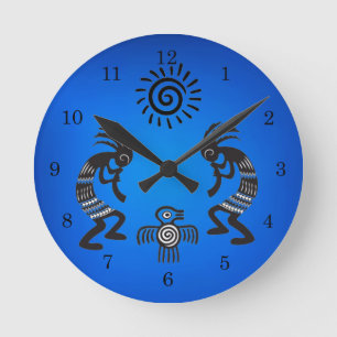 Kokopelli With Native Sun and Native Bird Symbol Round Clock