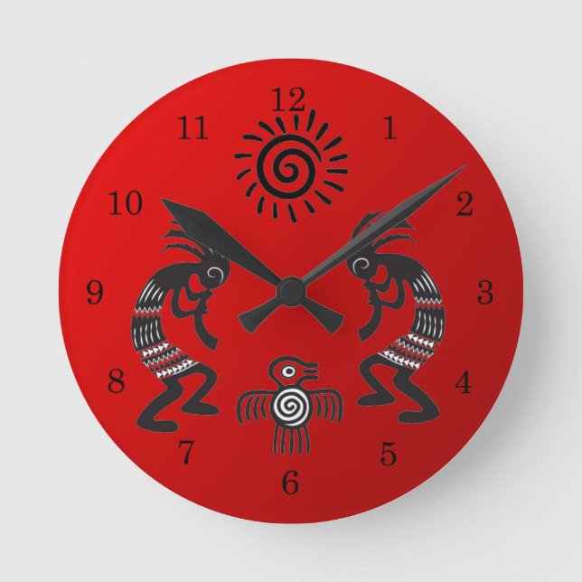 Kokopelli With Native Sun and Native Bird Symbol Round Clock (Front)
