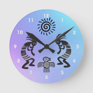 Kokopelli With Native Sun and Native Bird Symbol Round Clock