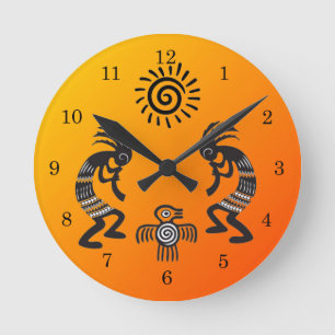 Kokopelli With Native Sun and Native Bird Symbol Round Clock