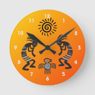 Kokopelli With Native Sun and Native Bird Symbol Round Clock