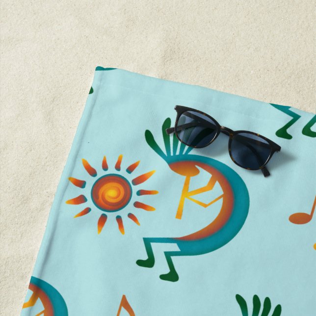 Kokopelli with Sun Pattern Mint Green Beach Towel (In Situ)