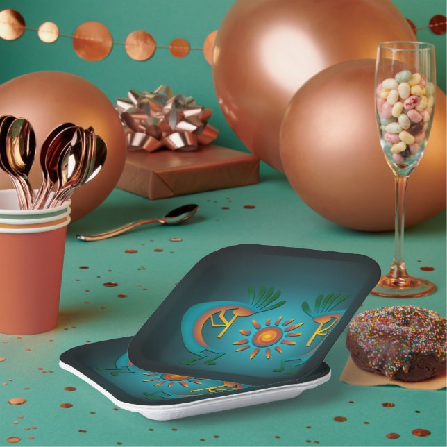 Kokopelli with Sun Teal Design 7" Sq Paper Plates (Multi)