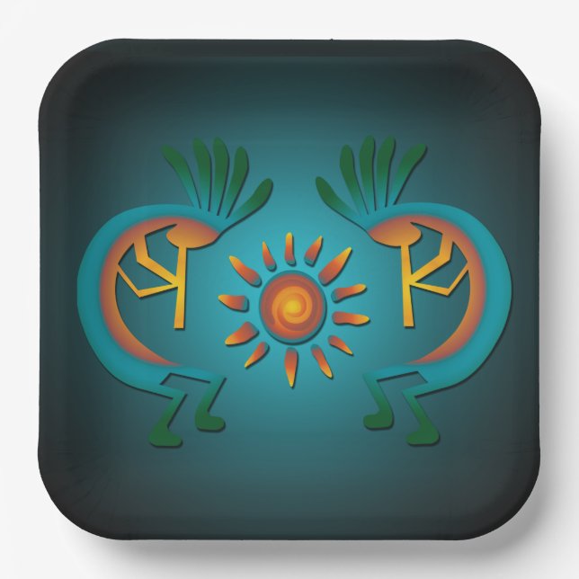 Kokopelli with Sun Teal Design 9" Sq Paper Plate (Front)