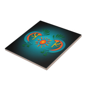 Kokopelli  with Sun Teal Design Ceramic Tile