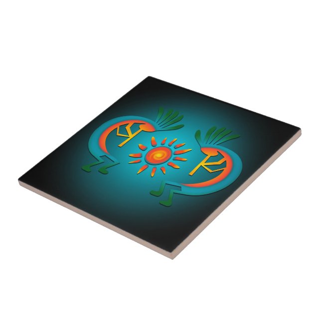Kokopelli  with Sun Teal Design Ceramic Tile (Side)