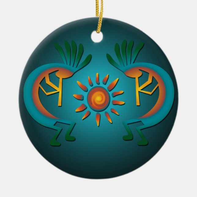 Kokopelli with Sun Teal Design Christmas Ornament (Front)