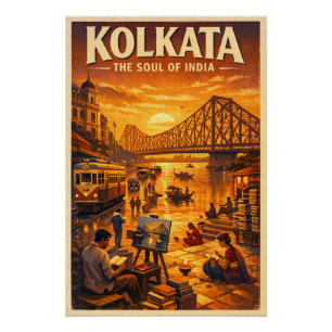 Kolkata, India, in a classic retro travel Poster