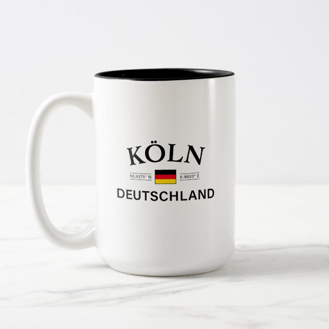Koln (Cologne) Deutschland Coordinates German Two-Tone Coffee Mug (Left)