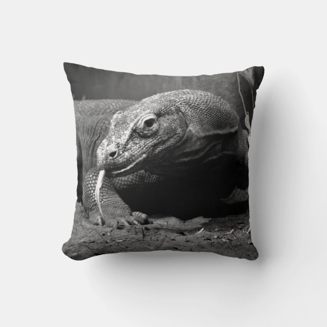 komodo dragon black and white tongue out left cushion (Front)
