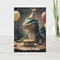 Komodo Dragon sitting at table with birthday cake
