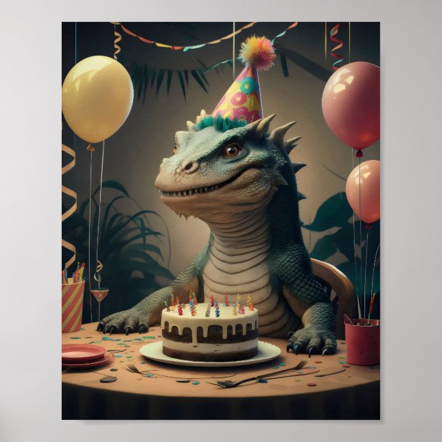 Komodo Dragon sitting at table with birthday cake Poster (Front)