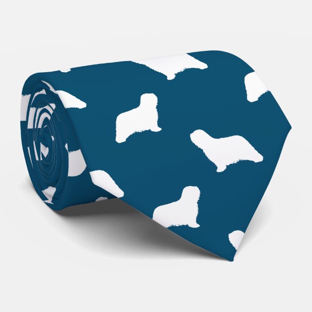Komondor Dog Silhouettes Pattern Blue and White Tie (Rolled)