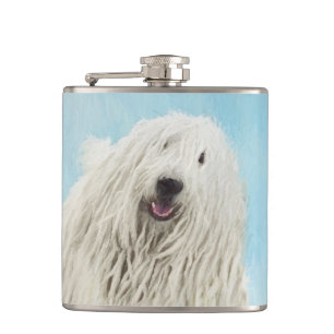 Komondor Painting - Cute Original Dog Art Hip Flask