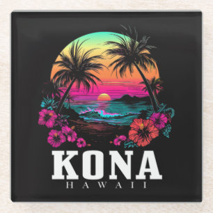 Kona Hawaii Hawaiian Hibiscus Flowers Surfer Glass Coaster