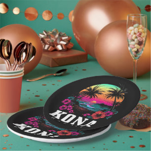 Kona Hawaii Hawaiian Hibiscus Flowers Surfer Paper Plate