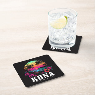 Kona Hawaii Hawaiian Hibiscus Flowers Surfer Square Paper Coaster