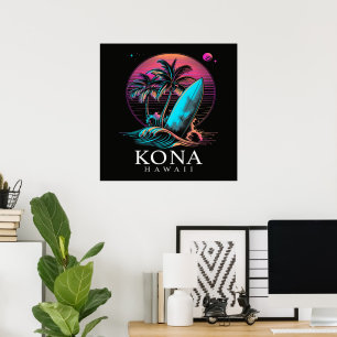 Kona Hawaii Hawaiian Surf Board Vintage Poster