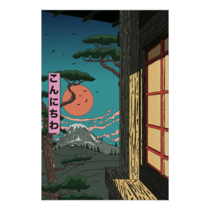 Konnichiwa Japanese Sunset Poster