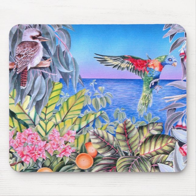 Kookaburra and Rainbow Lorikeets Mouse Pad (Front)