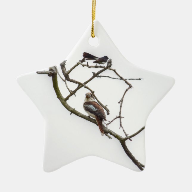 KOOKABURRA & WILLIE WAGTAIL QUEENSLAND AUSTRALIA CERAMIC TREE DECORATION (Front)