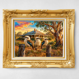 Kookaburras at Sunset on Barbed Wire Fence Poster