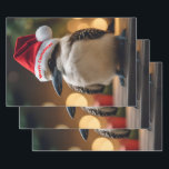 "Kookaburras' Christmas Cheer" Wrapping Paper Sheet<br><div class="desc">This image captures the festive spirit of the kookaburra in a Santa hat,  adding a touch of holiday joy against a bokeh-lit background.</div>