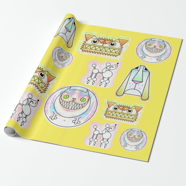 Kooky Cats and Odd Dogs Wrapping Paper Roll (Unrolled)