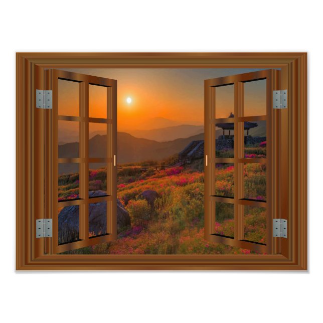 Korean Autumn Sunset Temple Faux Window View Photo Print (Front)