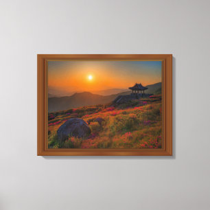Korean Autumn Sunset Temple Wood Frame Canvas Print