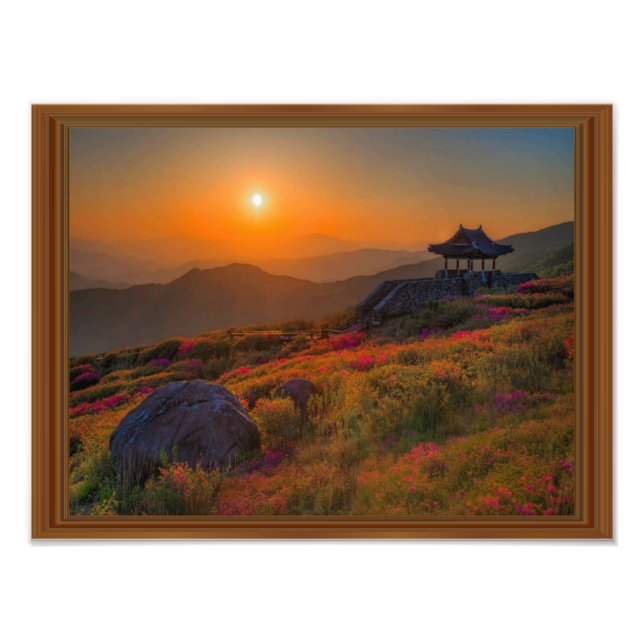 Korean Autumn Sunset Temple Wood Frame Photo Print (Front)