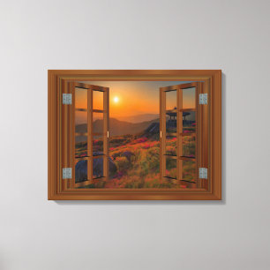Korean Buddhist Temple Faux Window View Sunset Canvas Print
