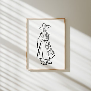 Korean Hanbok Man with Gat Ink Line Poster