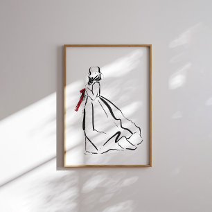 Korean Hanbok Woman with Red Ribbon Ink Poster