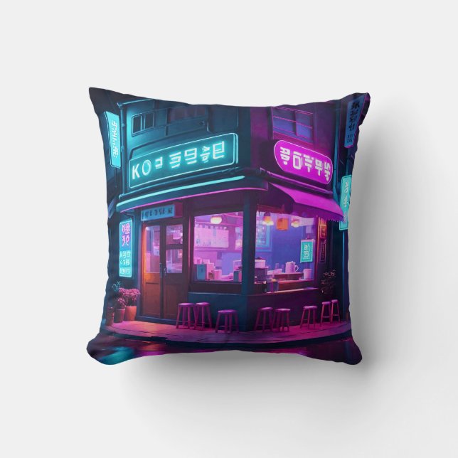 Korean Neon Coffee House LoFi Art  Cushion (Front)