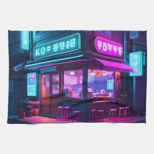 Korean Neon Coffee House LoFi Art  Tea Towel