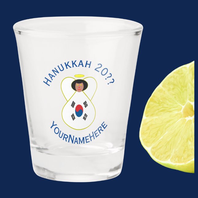 Korean (South) Angel Hanukkah Flag Personalised  Shot Glass (Shot glass has angel wearing South Korean Flag for Hanukkah. Blue text for holiday, name, and year.)