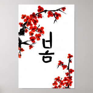 Korean Spring Calligraphy and Blossoms Poster