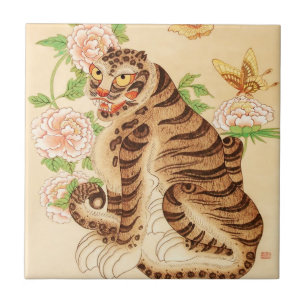 Korean Striped Tiger Vintage Minhwa  Ceramic Tile