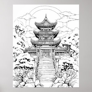 Korean Temple Colouring Poster