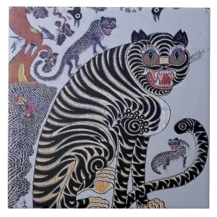 Korean Tiger Minhwa with Three Cubs Ceramic Tile