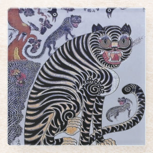 Korean Tiger Minhwa with Three Cubs Glass Coaster