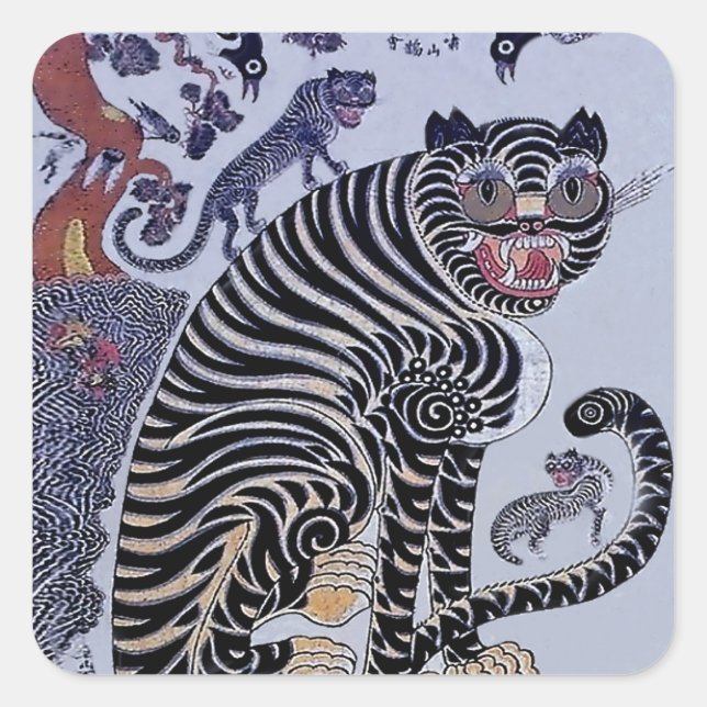 Korean Tiger Minhwa with Three Cubs Square Sticker (Front)
