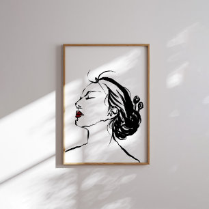 Korean Woman Profile Ink Art with Red Lips Poster